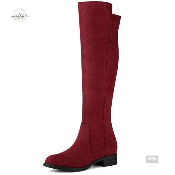 Shoes - Faux Suede Knee High Boots Chunky Heel Side Zipper Retro Y2K Chic